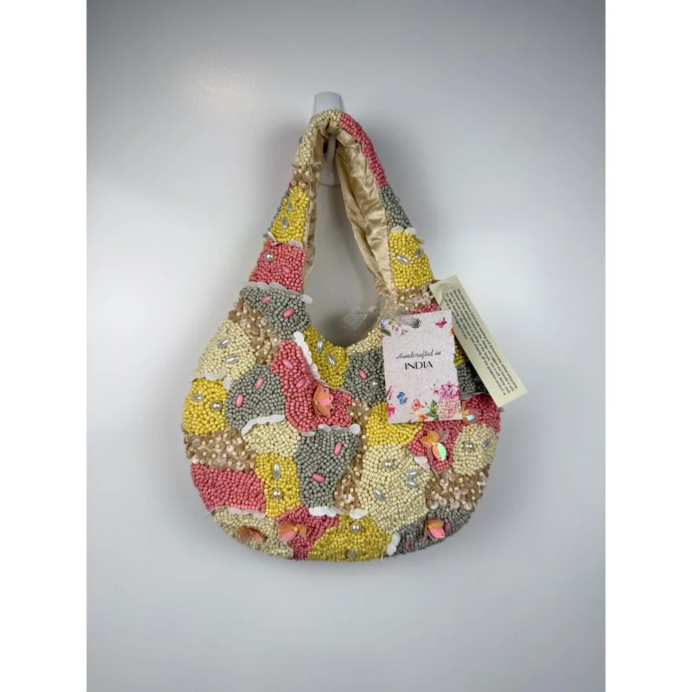 NWT Handcrafted India Beaded Hobo Bag Pastel Sequin Pearl Embellished New
